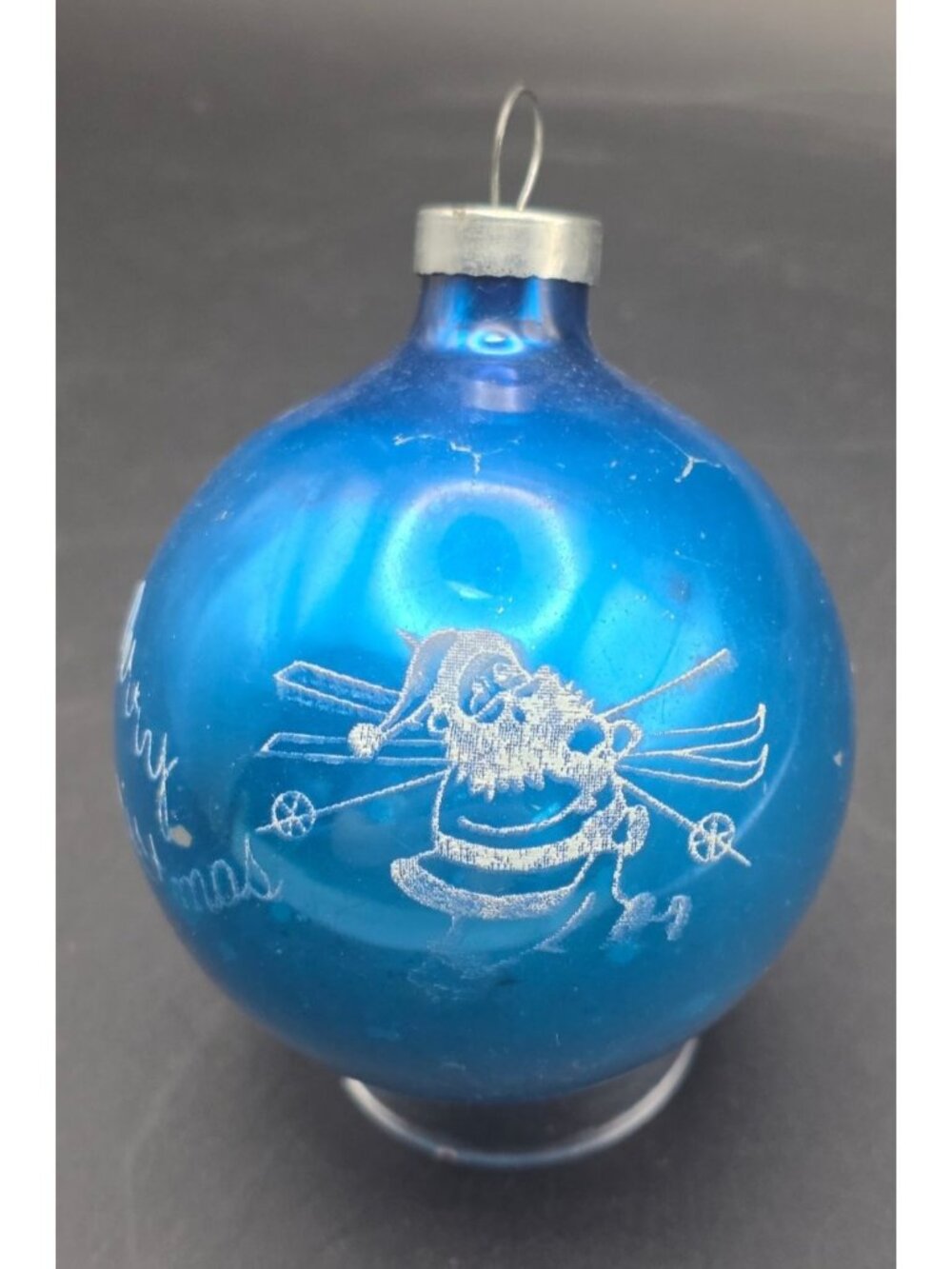Rare Vintage Blue Mercury Glass Stenciled Santa Toys Merry Christmas Ornament
